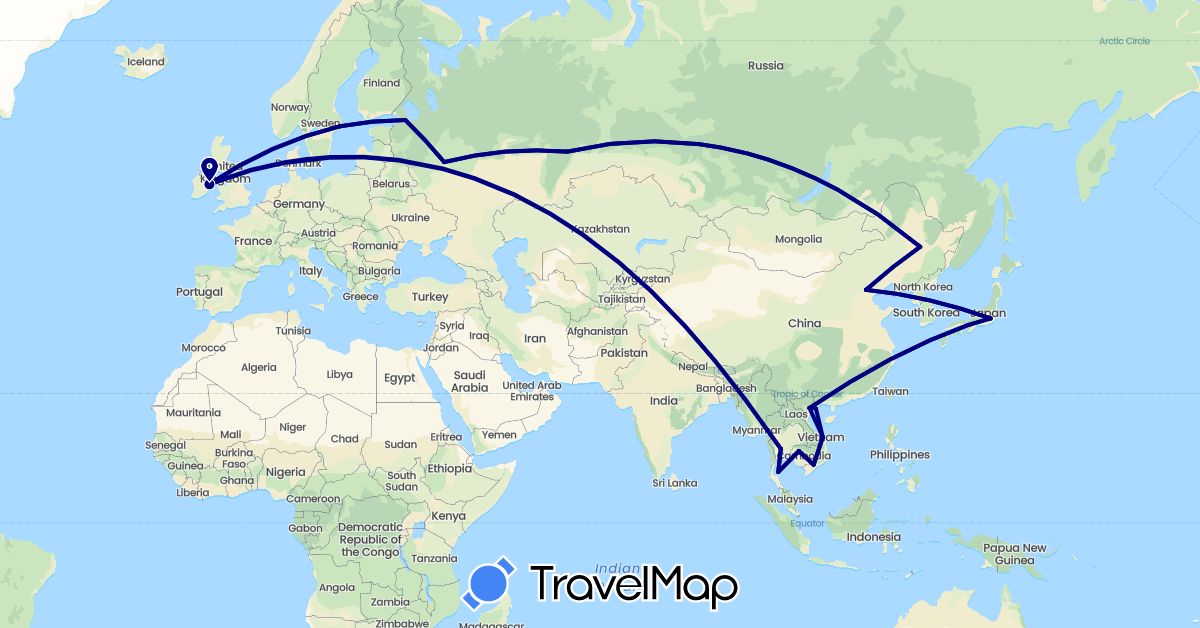 TravelMap itinerary: driving in China, Ireland, Japan, Cambodia, Russia, Sweden, Thailand, Vietnam (Asia, Europe)